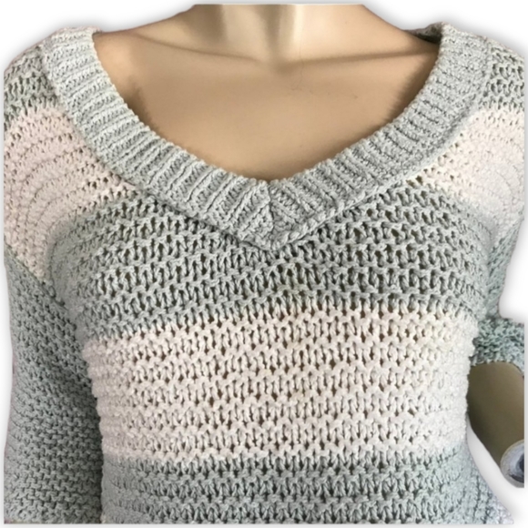 Free People Park Slope Mint & Ivory Striped Oversized Slouchy Hi-Low Sweater, XS - Picture 10 of 16